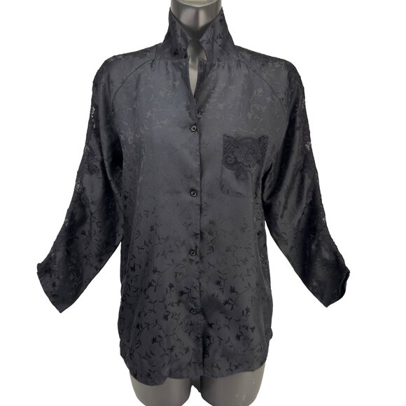 VOGUE Dessous VTG Jacquard Satin Button Front Long Sleeve‎ Black Pajama Set Sz M - Picture 3 of 16